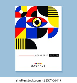 Bauhaus style flyer. Journal magazine album cover with abstract geometric 2d shapes and eye. Banner template with set of simple colorful forms. Vector card illustration on white background