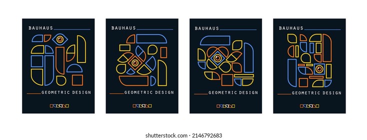 Los volantes a la moda de Bauhaus. Portada del álbum de la revista Journal con formas geométricas abstractas 2d y ojo. Plantillas de colección de carteles con formularios sencillos y coloridos. Ilustración de la tarjeta vectorial en el fondo negro.