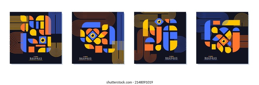 Bauhaus style flyers set. Journal magazine album cover with abstract geometric 2d shapes and eye. Banner collection templates with simple colorful forms. Vector card illustration on black background.