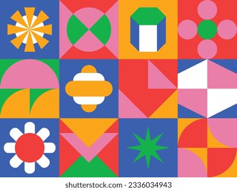 Bauhaus style funky background artwork. Retro geometric simple flat shapes with bright colors red, blue, and yellow vector