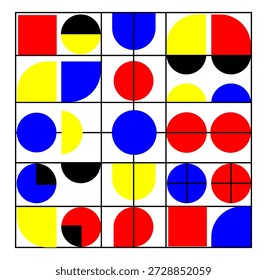 Bauhaus Style Geometric Abstract Composition, Retro Swiss Design Pattern with Primary Colors Circles and Squares