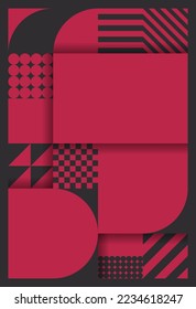 Bauhaus style geometric pattern background. Trend color of the year 2023 viva magenta and black. Design texture elements for banners, covers, posters, backdrops, walls. Vector illustration.