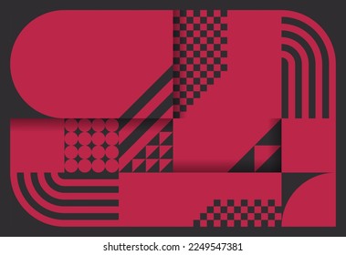 Bauhaus style geometric pattern background. Trend color of the year 2023 viva magenta and black. Design texture elements for banners, covers, posters, backdrops, walls. Vector illustration.