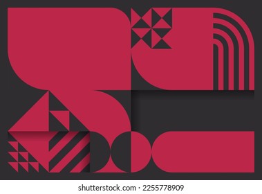 Bauhaus style geometric pattern background. Trend color of the year 2023 viva magenta and black. Design texture elements for banners, covers, posters, backdrops, walls. Vector illustration.