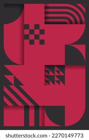 Bauhaus style geometric pattern background. Trend color of the year 2023 viva magenta and black. Design texture elements for banners, covers, posters, backdrops, walls. Vector illustration.