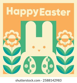 Bauhaus style Happy Easter hand drawn square greeting cards in a flat style. Cute vector design with bunny, Easter eggs, flowers, plants and text in pastel colors. For posters, banners, cover