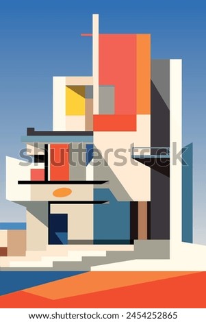 Bauhaus style house, vector poster, colorful vintage flier for real estate, villa, cottage, building
