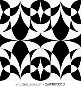 Bauhaus style monochrome background. Black and white seamless overlap ornament with simple curved shapes. Decorative ceramic tiles print texture, graphic, web template layout, background. Vector