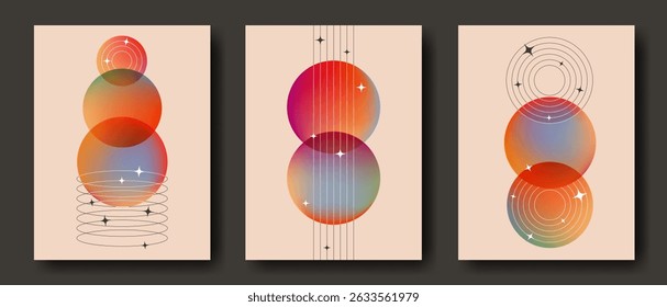 Bauhaus style music posters with abstract geometric shapes. Minimalist compositions with translucent gradient circles, vertical lines and curves, stars and twinkles. Retro decorative wall art set.