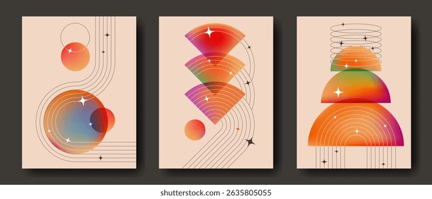 Bauhaus style music posters with abstract geometric shapes. Minimalist compositions with translucent gradient circles, vertical lines and curves, stars and twinkles. Retro decorative wall art set.