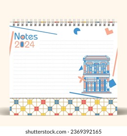 Bauhaus Style Nanyang Kopitiam 2024 Calendar Design, Notes Page, With Kopitiam Shophouse Graphic.