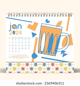 Bauhaus Style Nanyang Kopitiam 2024 Calendar Design, January Page, With Pull Tea Graphic.