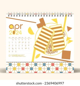 Bauhaus Style Nanyang Kopitiam 2024 Calendar Design, April Page, With Kaya Butter Toast Graphic.