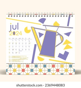 Bauhaus Style Nanyang Kopitiam 2024 Calendar Design, July Page, With Coffee Pitcher Graphic.