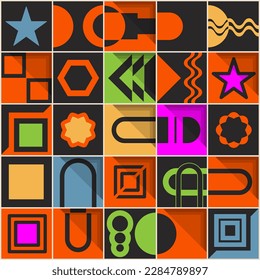 Bauhaus style pattern with colorful contrasting geometric objects. Background, poster, interior decor. Vector illustration