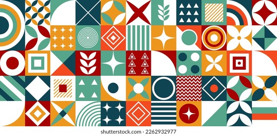 Bauhaus style pattern. Neo Geo Trendy seamless geometric background made with colorful geometric shapes and simple geometrical figures, for web background, poster fine arts, cover page and prins. Mode