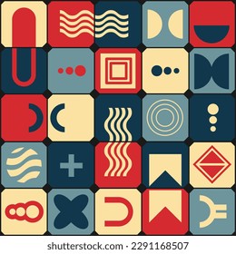 Bauhaus style pattern, a set of colorful icons or pictograms with abstract geometric shapes enclosed in squares with beveled corners. Vector illustration