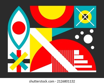 Bauhaus style poster with geometric shapes. Background with circle, triangle, square. Swiss retro design. Poster on wall