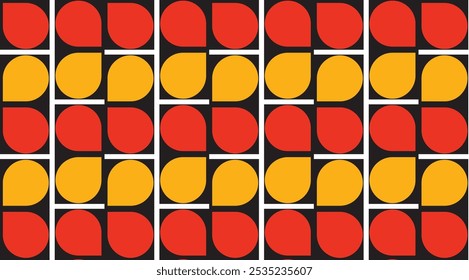Estilo Bauhaus padrão geométrico sem emenda em cores vermelhas e laranja no fundo preto. Perfeito para impressão, fundos de design, papel de parede e azulejos, embrulho para presente