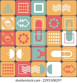 Bauhaus style seamless pattern. 25 square icons with various symbols and signs. Set of vector images, illustration