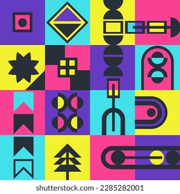 Bauhaus style seamless pattern. Background, poster. Sixteen multicolored contrasting icons. Vector illustration