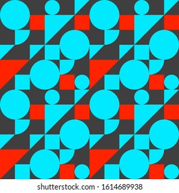 Bauhaus style seamless pattern, geometric modern flat background with shapes, blue and red vector graphic composition