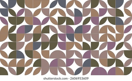 Bauhaus Style Symmetrical Geometric Pattern  Muted Brown and  Mauve Floral Motif Repeating Design for Textiles and Wallpaper