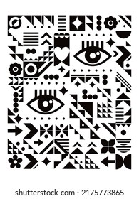 Bauhaus Stil Vektorposter Design 18x24 Format in Schwarz-Weiß mit Augen und geometrischen Formen. Abstrakte Komposition, Design-Druck - Armwinkel, perfekt für die Dekoration zu Hause oder im Büro

 