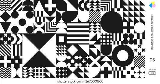 Bauhaus Swiss minimal pattern background, vector abstract geometric poster. Memphis or Bauhaus monochrome background with geometric circle, triangle and square lines pattern