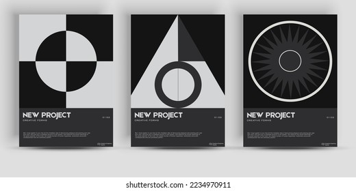 Bauhaus und Schweizer Musterhintergrund. Grafische Vorlage mit fett gedruckter Typografie und abstrakten geometrischen Formen, ideal für Posterkunst, Albumabdeckung.