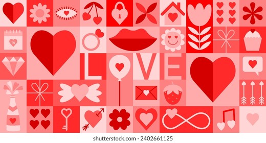 Bauhaus Valentine's day geometric seamless pattern with simple shapes and icons in flat minimalist style. Modern vector ornament for print, banner, card, fabric, cover, wrapping paper, wallpaper