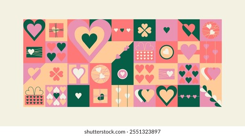 Bauhaus Valentine's day geometric seamless pattern with simple shapes and icons in flat minimalist style. Modern vector ornament, collection of design elements