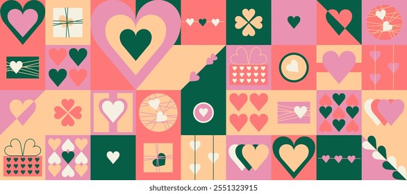 Bauhaus Valentine's day geometric seamless pattern with simple shapes and icons in flat minimalist style. Modern vector ornament, collection of design elements