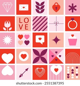 Bauhaus Valentine's day geometric seamless pattern with simple shapes and icons in flat minimalist style. Modern vector ornament for print, banner, card, fabric, cover, wrapping paper, wallpaper