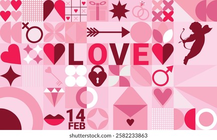 Bauhaus Valentine's day geometric seamless pattern, simple shapes and icons flat minimalist style modern vector ornament for print, banner, card, fabric, cover, wrappping paper, wallpaper