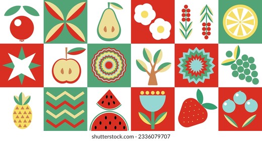 Bauhaus vegetable abstract geometric fruit pattern.  Shapes of natural organic flower plants, eco-agriculture citrus. Vector minimal illustration