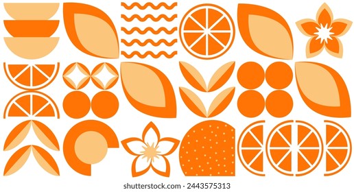 Bauhaus vegetable abstract geometric fruit pattern.  Shapes of natural organic flower plants, eco-agriculture citrus. Vector minimal illustration