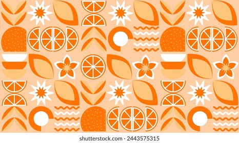 Bauhaus vegetable abstract geometric fruit pattern.  Shapes of natural organic flower plants, eco-agriculture citrus. Vector minimal illustration