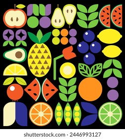 Bauhaus vegetable abstract geometric fruit pattern.  Shapes of natural organic flower plants, eco-agriculture citrus. Vector minimal illustration