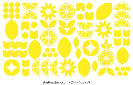 Abstractas Imagen de iconos de fruta de limón. Ilustración geométrica de siluetas de cítricos, hojas. Fondo de Vector plano minimalista.