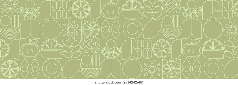 Bauhaus vegetable abstract. Geometric line drawing. Vegetables and fruits seamless pattern bauhaus. Natural flower plant with simple shape, abstract eco farming concept. Vector minimal banner