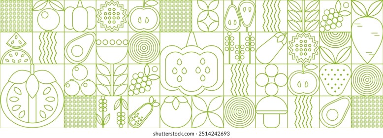 Bauhaus vegetable abstract. Geometric line drawing. Vegetables and fruits seamless pattern bauhaus. Natural flower plant with simple shape, abstract eco farming concept. Vector minimal banner