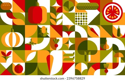 Fondo de patrón geométrico abstracto vegetal de Bauhaus, mosaico vectorial de mosaico alimentario. Broccoli, zanahoria y calabaza con pepino y verduras de tomate en el patrón geométrico Bauhaus suizo o escandinavo