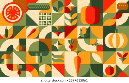 Bauhaus vegetable abstract geometric pattern. Agriculture and farming background, geometric vector print. Autumn harvest vegetables retro backdrop with tomato, pumpkin, carrot and beet, corn, onion