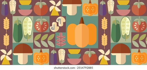 Bauhaus vegetal abstrato padrão geométrico. Mosaico escandinavo fundo. Fundo agrícola e agrícola, impressão vetorial geométrica. Fundo retro da colheita de legumes de outono.