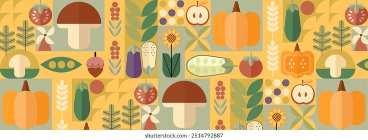 Bauhaus vegetable abstract geometric pattern. Mosaic scandinavian background. Agriculture and farming background, geometric vector print. Autumn vegetable harvest retro background.