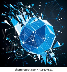 Bauhaus wallpaper with low poly design elements, perspective blue vector background made using wireframe and honeycombs. Geometric graphic illustration can be used as booklet cover design.
