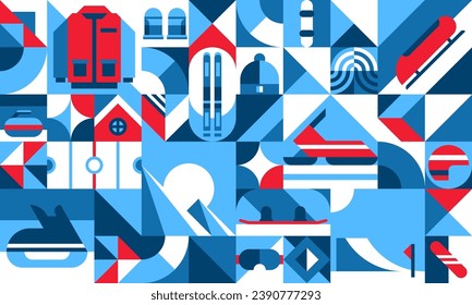 Bauhaus winter sport geometric pattern. Winter season sports types vector background or abstract pattern. Wallpaper retro backdrop or print with ski, sledge, snow bike and snowboard, warm clothing