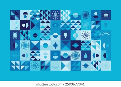 Bauhaus-inspired abstract design features geometric shapes, eye motifs, and linear patterns in blue tones. The structured grid composition creates rhythm, order, and artistic dynamism.