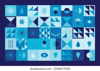 Bauhaus-inspired abstract design features geometric shapes, eye motifs, and linear patterns in blue tones. The structured grid composition creates rhythm, order, and artistic dynamism.